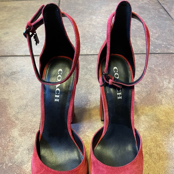 New Coach Red Chrystie True Suede T Rex Ankle Strap Heels Platforms - size 9.5B - Picture 2 of 8